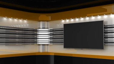 TV Stüdyosu. Televizyon programları için arka plan. Duvarda televizyon var. Haber stüdyosu. Herhangi bir yeşil ekran, krom anahtar video veya fotoğraf çekimi için mükemmel bir zemin. 3B görüntüleme.