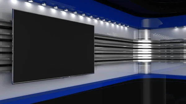 电视演播室电视节目的背投 墙上的电视新闻演播室任何绿色屏幕或彩色键视频或照片制作的完美背景 3D渲染 — 图库照片