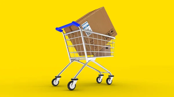 Box Market Cart Gifts Cart Yellow Background Rendering Isolate Market — Stock Photo, Image