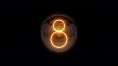 Geri sayım 10 saniye. Siyah arkaplanda neon ışığı 10 saniye geri sayım. Nixie tüpü göstergesi geri sayımı. Gaz boşaltım göstergeleri ve lambalar. Üç boyutlu. 3B Hazırlama