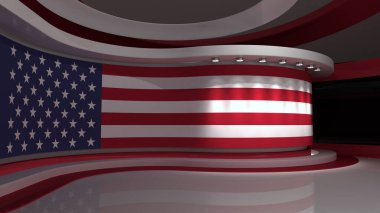 Amerikan bayrağı. Televizyon stüdyosu. ABD bayrak stüdyosu. ABD bayrağı geçmişi. ABD seçim programlarının geçmişi. Haber stüdyosu. 3 boyutlu görüntüleme. 3