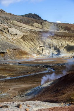 Milli Parkı İzlanda. Muhteşem manzara manzara İzlanda, jeotermal alan. Dramatik ve güzel sahne reykjavk Lake Myvatn, Krafla /Iceland - 02.05.2018