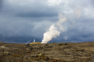 Milli Parkı İzlanda. Muhteşem manzara manzara İzlanda, jeotermal alan. Dramatik ve güzel sahne reykjavk Lake Myvatn, Krafla /Iceland - 02.05.2018