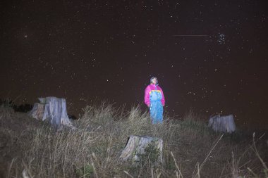 Meteor. Perseid meteor yağmuru. Gece gökyüzü yıldızları ve meteorlar