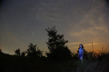 Meteor. Perseid meteor yağmuru. Gece gökyüzü yıldızları ve meteorlar