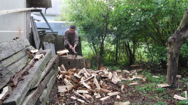 Mann Hackt Holz Für Den Winter Mann Hackt Holz Mit — Stockvideo