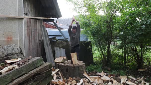 Man Chopping Wood Winter Man Chopping Woods Old — Stock Video