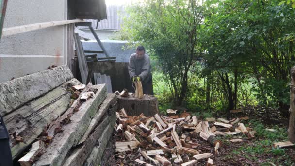 Człowiek Rąbiący Drewno Zimę Człowiek Rąbiący Las Starą Siekierą — Wideo stockowe