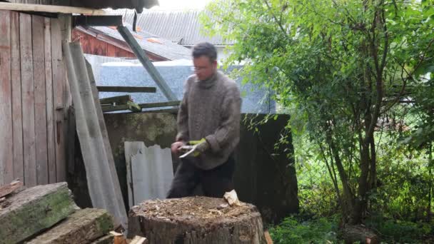 Man Chopping Wood Winter Man Chopping Woods Old — Stock Video