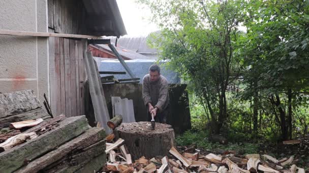 Muž Sekání Dřeva Zimu Muž Sekání Dřeva Starou Sekerou — Stock video