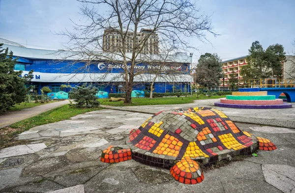 Construction Océanarium Sotchi Sculpture Une Tortue Rouge Devant Lui Inscription — Photo