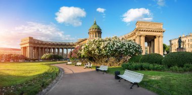 Kazan Katedrali, St. Petersburg, sabah yaz güneşi ve çiçek açması leylak çalılar tarafından yaktı