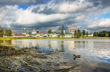 Valday. Iversky Manastırı Valday Gölü ve güneşli bir yaz suda ördek