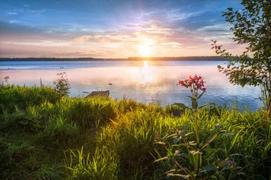 Valday. Lake Valdai bir güzel altın gökyüzü ve çiğ şor üzerinde çim ile erken yaz sabahları