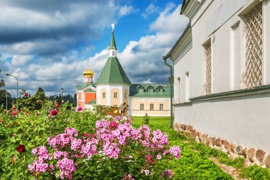 Valday. Iversky Manastırı Valdai Gölü ve onun tapınaklar arasında pembe phloxes