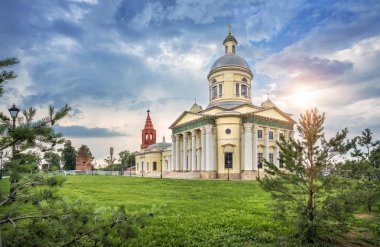 St. Nicholas Cathedral and the bell tower in the town of Epifan in the Tula region. View from the territory of the cathedral. clipart