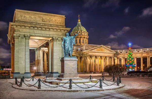 Monument Kutuzov Kazan Cathedral Petersburg Winter Night New Year Tree — 스톡 사진