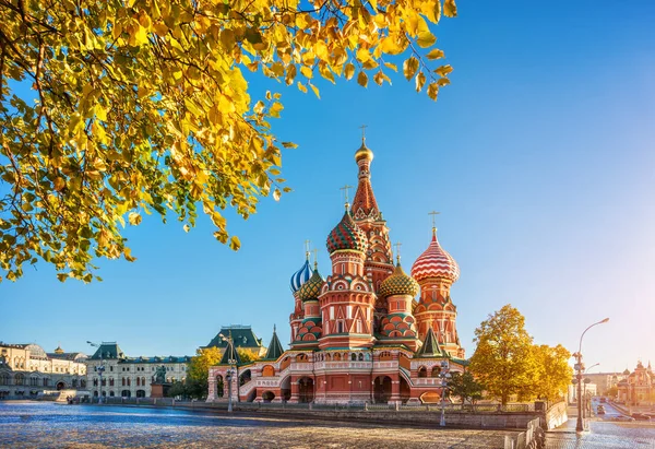 Cathédrale Basile Sur Place Rouge Moscou Dans Cadre Feuilles Jaunes — Photo