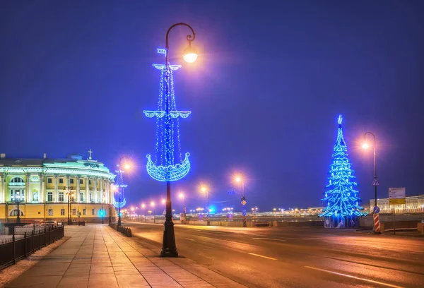 Neujahrsanblick Auf Den Admiraltejskaja Damm Petersburg Einer Winternacht — Stockfoto