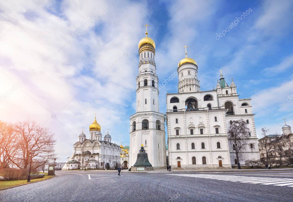 Ivan the Great Bell Tower, Assumption Belfry and Tsar Bell in the Moscow Kremlin on an autumn afternoon