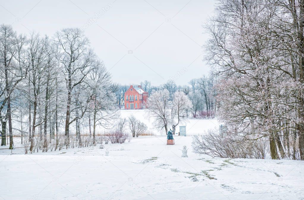 Snow-covered view of the Admiralty in Tsarskoye Selo on a winter snowy day