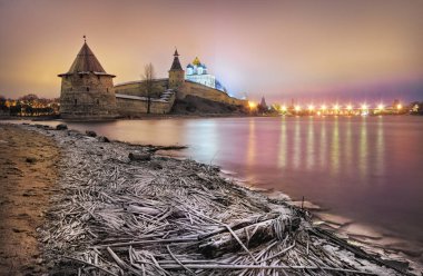 Winter night shining  in Pskov