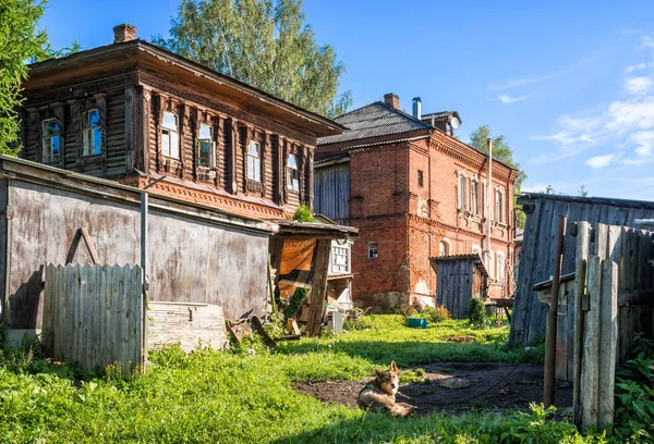 Un cane su una catena nel cortile — Foto Stock