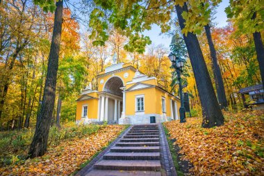 Moskova 'daki Tsaritsyno parkındaki Milovida Pavyonu, güneşli bir sabahta sonbaharda altın ağaçların arasında.
