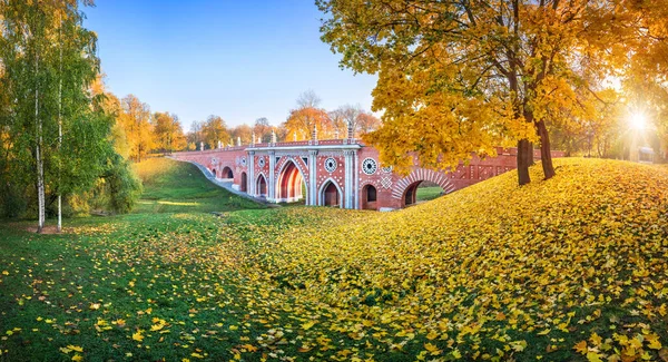 Ponte Tijolo Sobre Desfiladeiro Parque Tsaritsyno Moscou Entre Árvores Coloridas — Fotografia de Stock