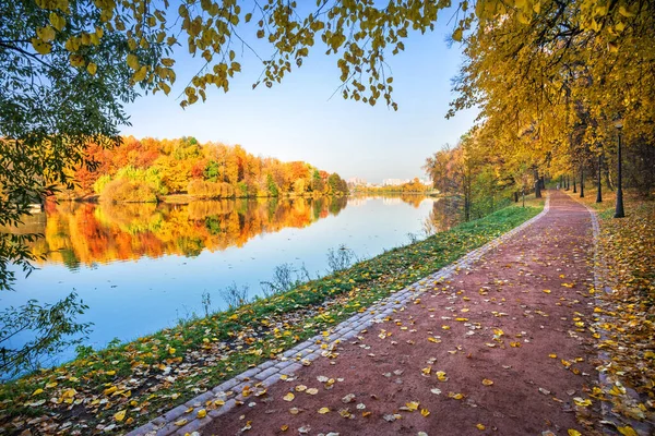 Moszkvai Tsaritsyno Park Egy Része Színes Őszi Fákkal Tükörreflexióval Tóban — Stock Fotó