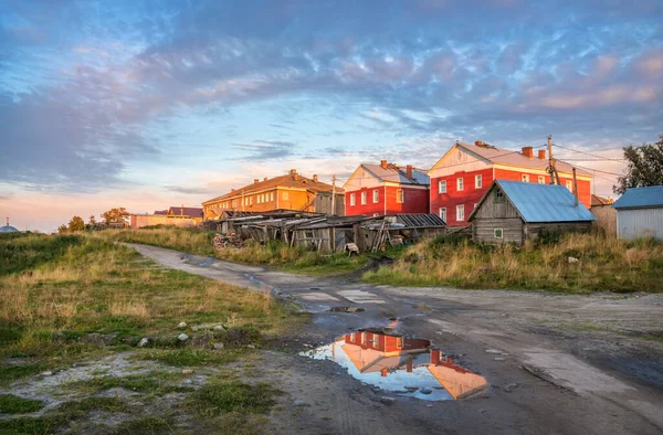 Wooden Houses Village Solovetsky Islands Rays Setting Sun — Stock Photo, Image