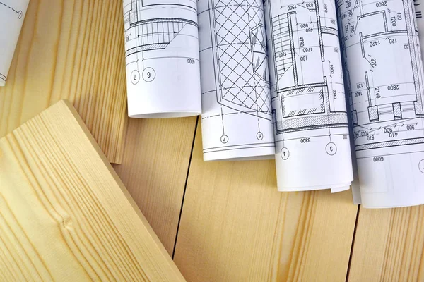 Photo Several Drawings Project Engineer Jobs Wooden Boards — Stock Photo, Image