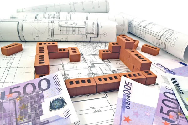 Drawings of the project and the bricks with Euro money