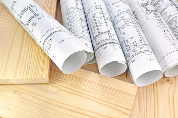 Photo Several Drawings Project Engineer Jobs Wooden Boards — Stock Photo, Image