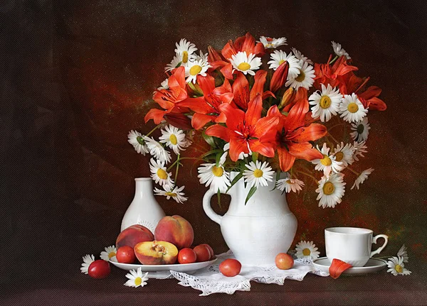 Still Life Flowers Vases Berries Fruits — Stock Photo, Image