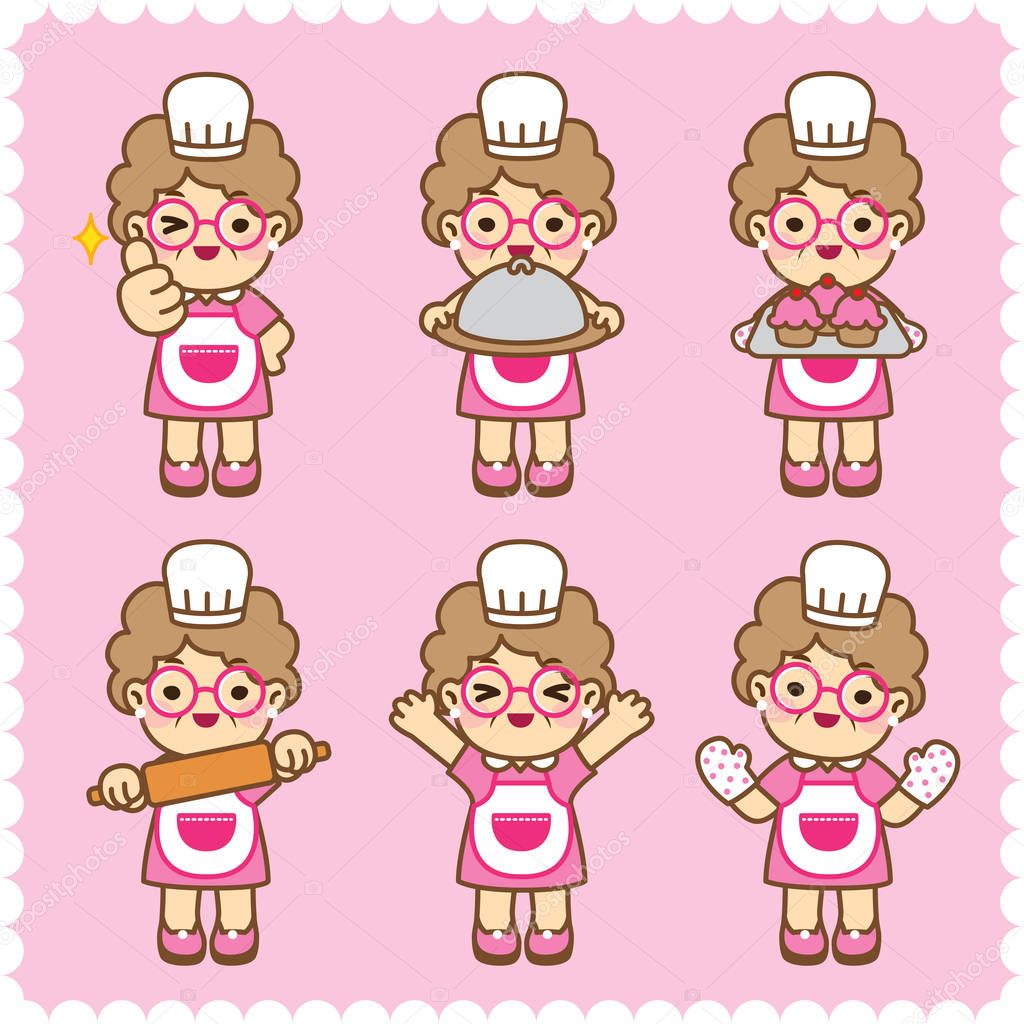 Grandmother is cooking.Cute style.Vector design set. - Vector