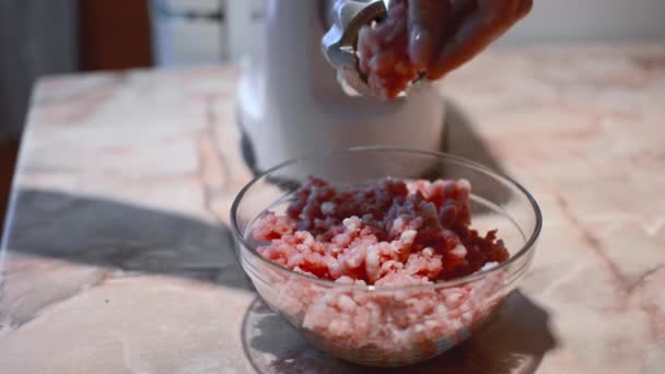 Cocinar Carne Picada Utilizando Una Picadora Carne — Vídeos de Stock