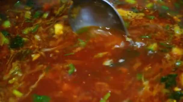 烹饪健康食品 炉子上煮有青菜的汤 — 图库视频影像