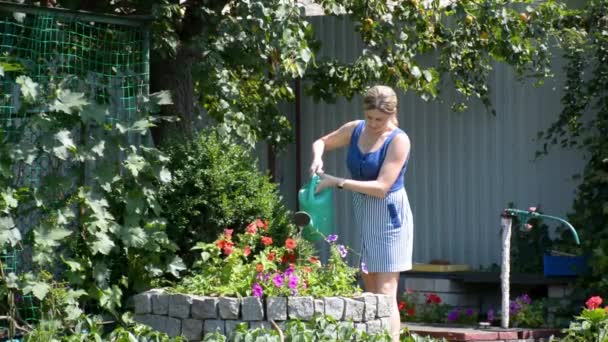 Het Meisje Tuin Drenken Bloemen — Stockvideo