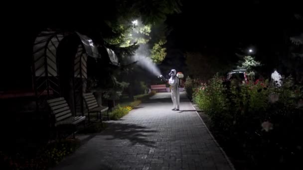 Schädlingsbekämpfung Garten Spritzen Durch Professionelle Gärtner Mit Sicherheitsausrüstung — Stockvideo