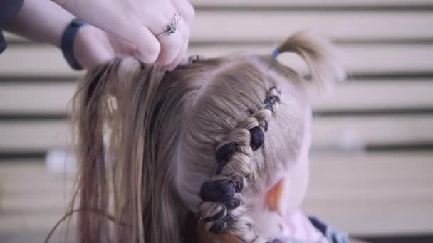 Pigtails Genç Bir Kız Örgülü Vardır Kuaförde Saç Modeli Yapıyorum — Stok video