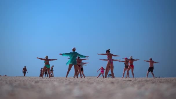 Een Groep Mensen Die Fitness Het Strand Doen Aerobics Gezonde — Stockvideo