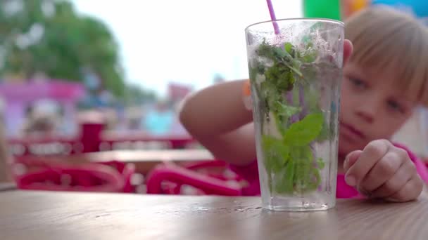 Meisje Drinkt Mojito Een Café Door Een Rietje Rust Het — Stockvideo