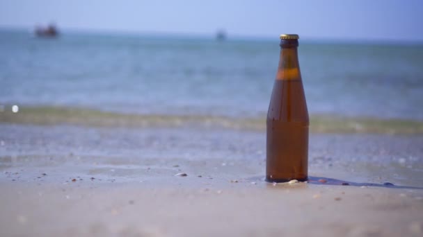 Een Fles Bier Staat Het Water Aan Kust Gewassen Door — Stockvideo