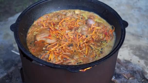 Cooking Pilaf Large Pot Open Fire Fry Meat Onions Carrots — Stock Video