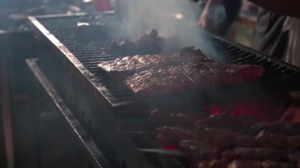 Nahaufnahme Einiger Fleischspieße Die Grill Gegrillt Werden — Stockvideo