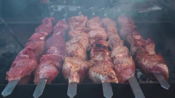 Nahaufnahme Einiger Fleischspieße Die Grill Gegrillt Werden — Stockvideo