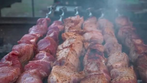 Nahaufnahme Einiger Fleischspieße Die Grill Gegrillt Werden — Stockvideo
