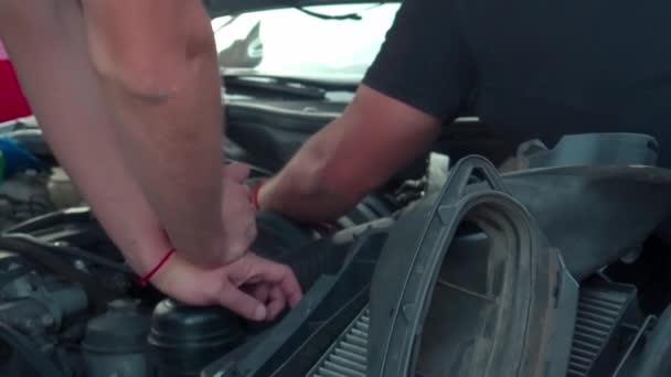 Professional Car Mechanics Checking Hood Auto Repair Service — Stock Video