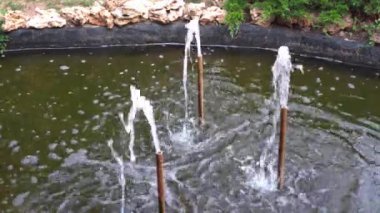 Dinlenmek için yeşil bir parkta küçük çeşme ve şelale